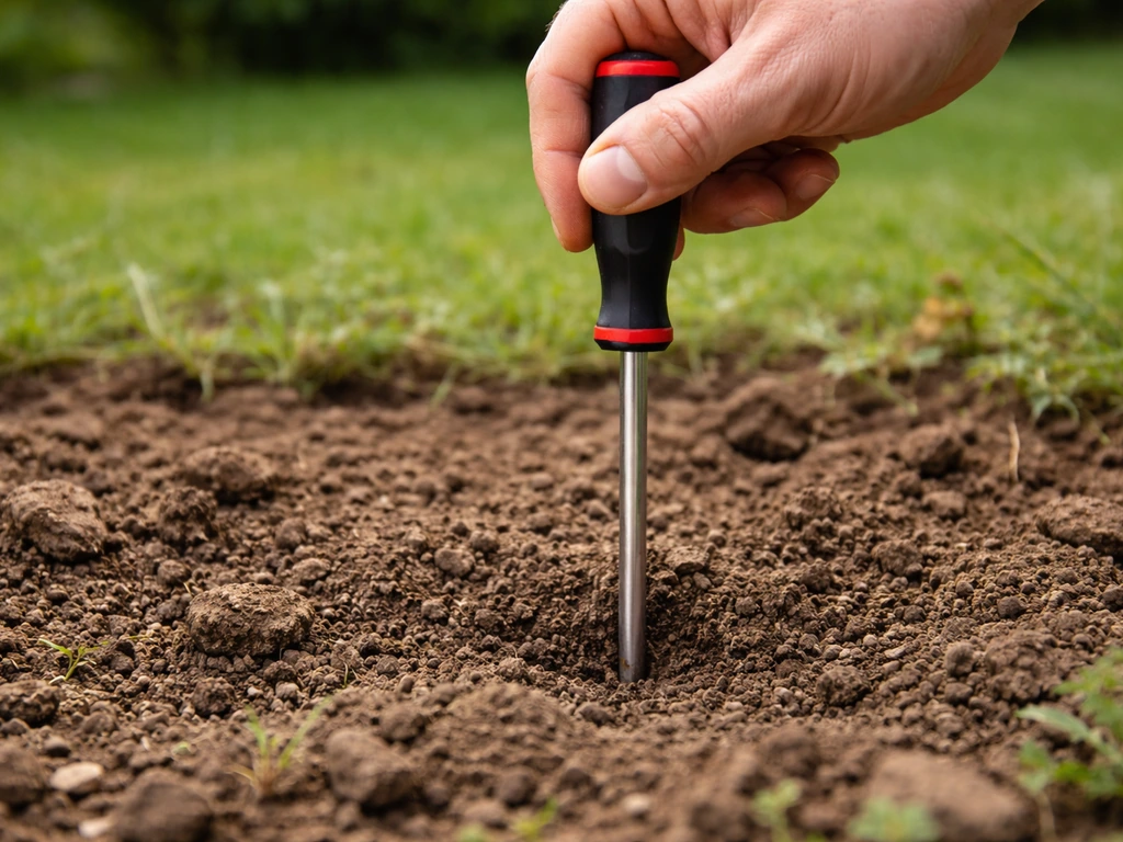 Gros plan d’un tournevis enfoncé dans la terre pour tester sa structure à environ 10 cm.