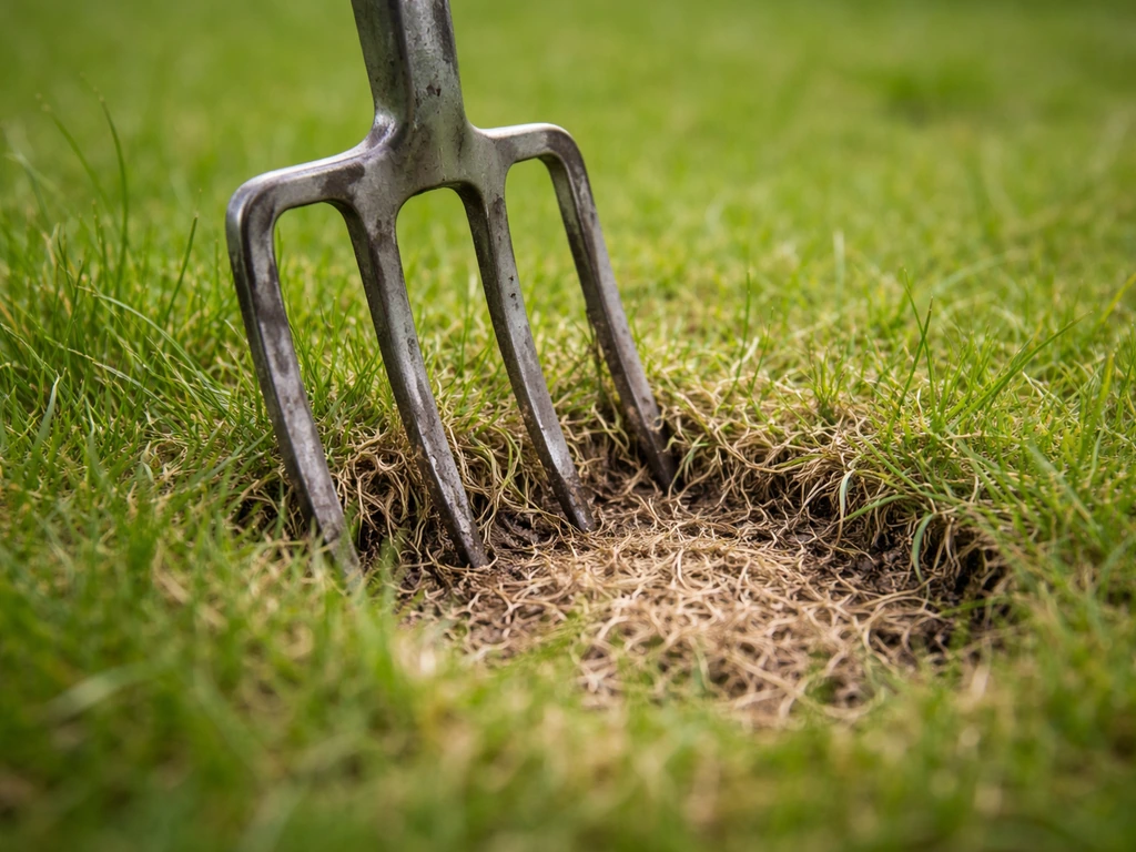 Fourchette de jardin tirant un coin de pelouse, montrant un feutrage beige/marron de chaume.