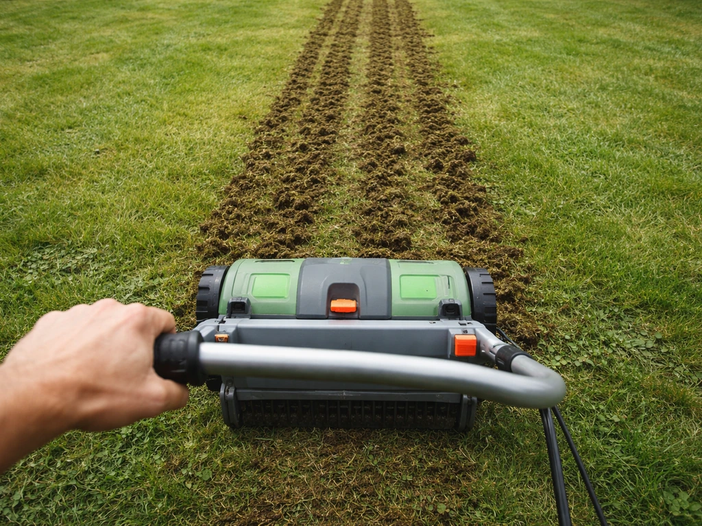 Un scarificateur électrique passe sur une pelouse pour retirer le feutre et aérer le sol