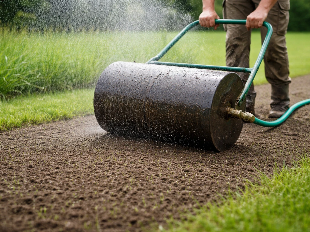 Rouleau lesté sur une pelouse fraîchement semée avec pluie fine et jeunes pousses après le semis.