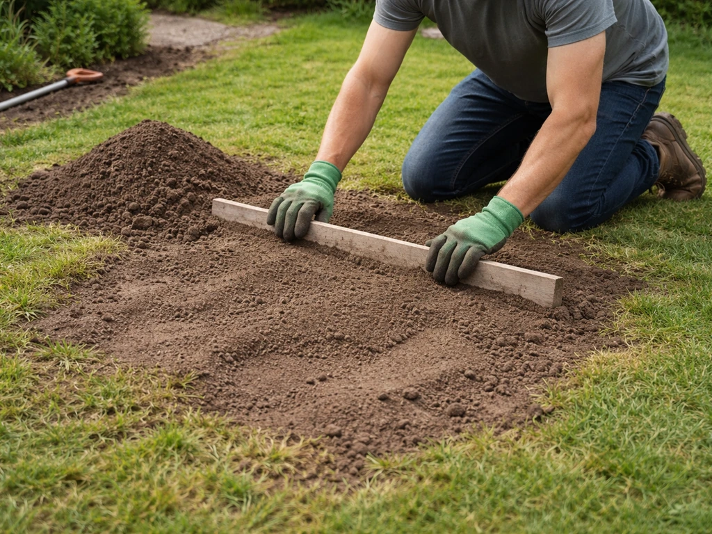 Des creux et bosses comblés : une personne lisse la terre pour niveler le sol du jardin.