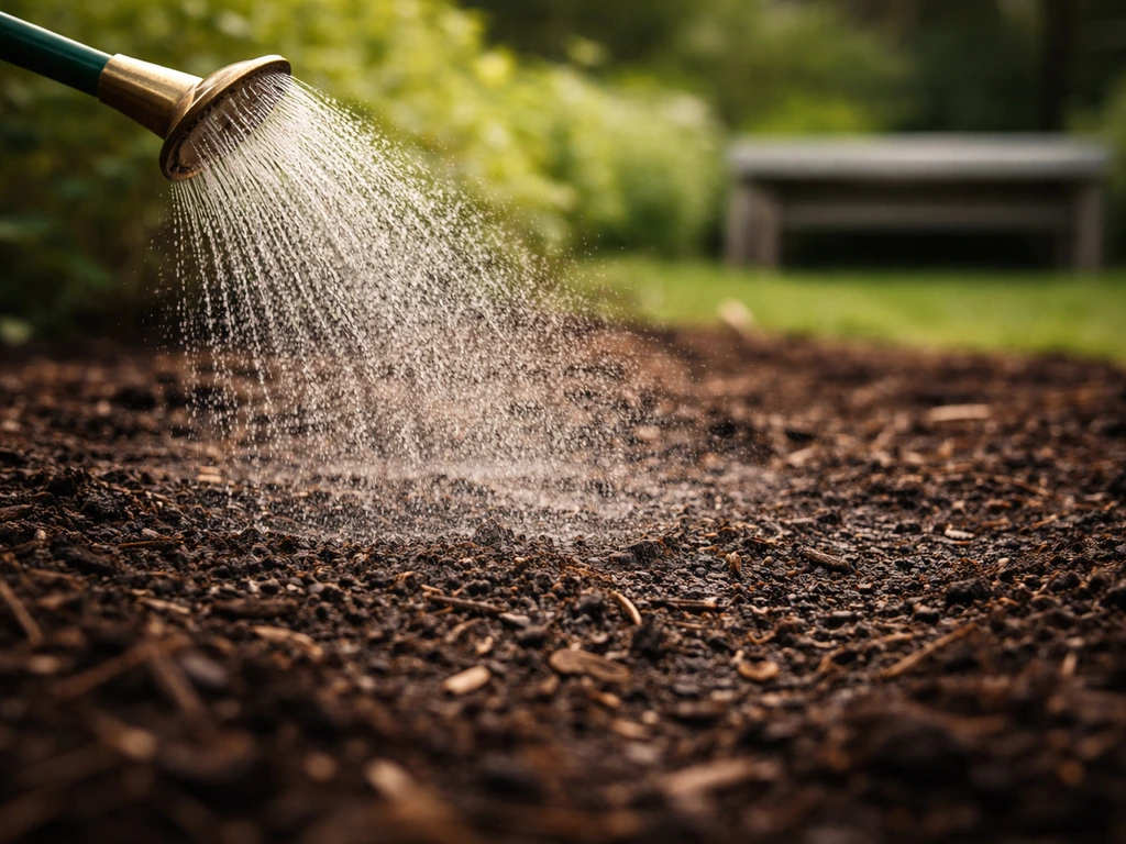 Jet fin qui arrose une terre regarnie, sol humide en surface sans ruissellement, jardin minimal.