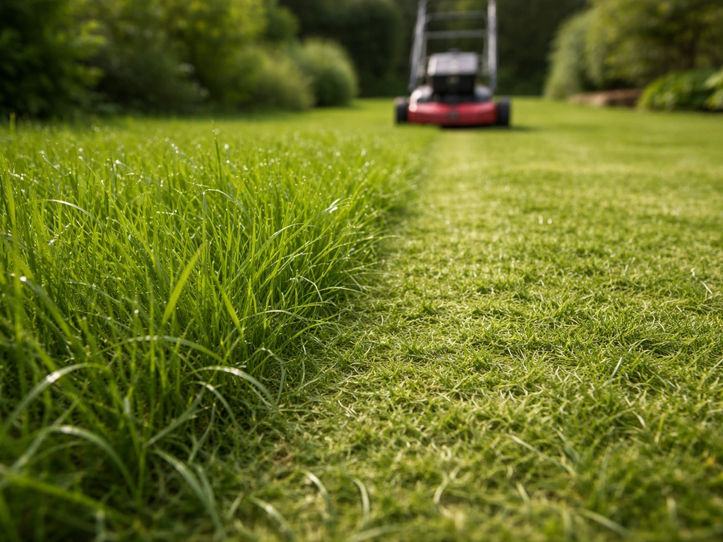 Pelouse après tonte avec coupe plus haute : herbe moins arrachée et aspect plus uniforme.