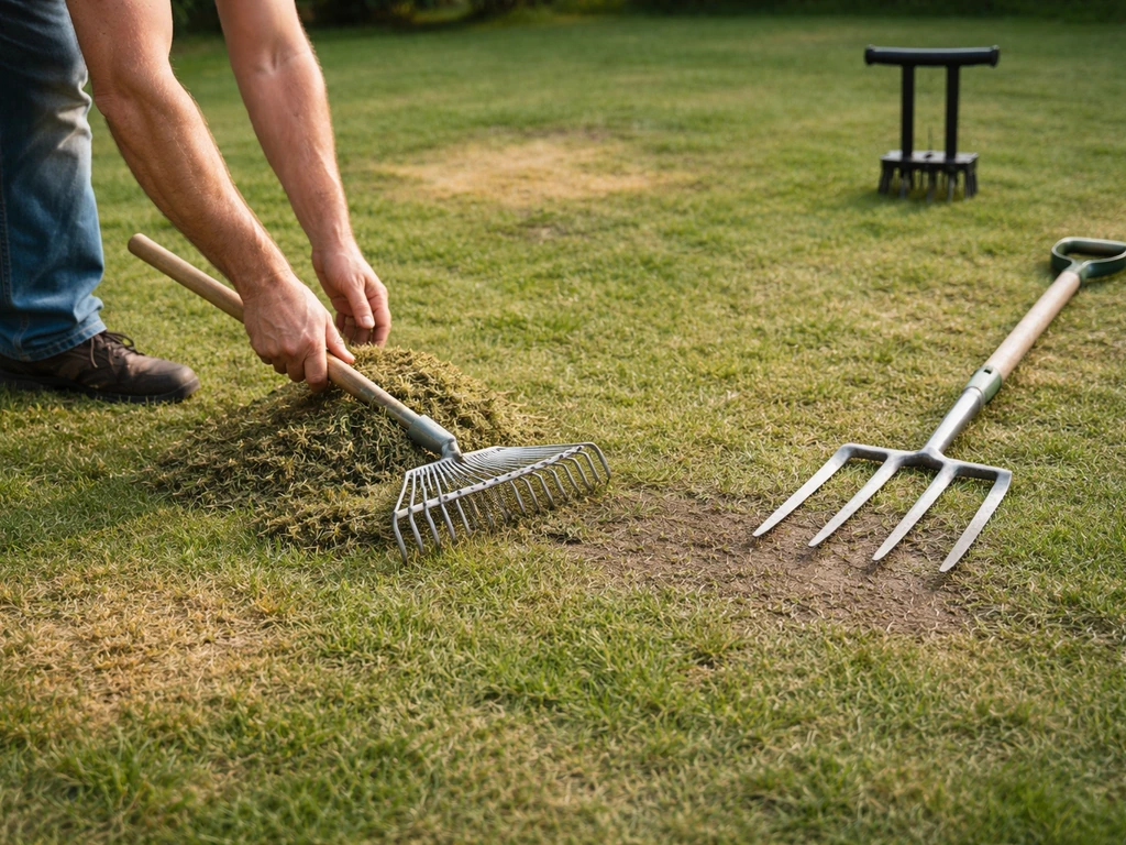 Pelouse avec zones jaunies ratissées, sol compacté aéré à la main avec une fourche-bêche, par temps sec.