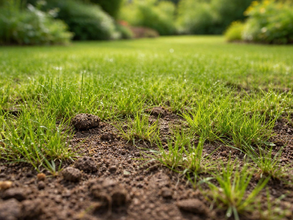 Pelouse printanière verte, sol légèrement humide après arrosage, prêt à être sablé sans gel ni détrempage.