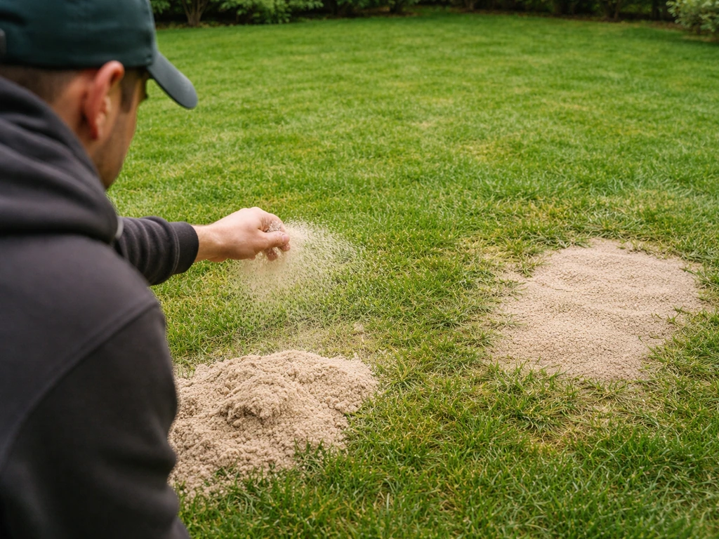 Pelouse de jardin montrant un mauvais épandage (sable trop épais/fin) à côté d’une zone correctement sablée.