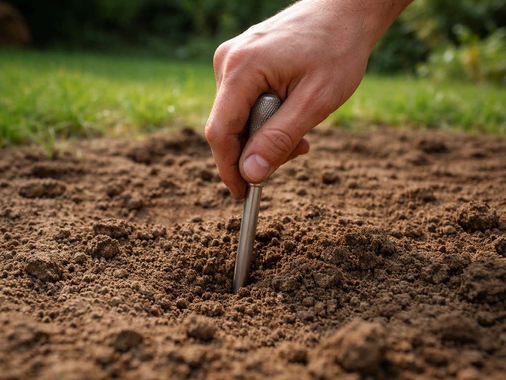Main enfonçant la lame d’un couteau ou tournevis dans la terre du jardin pour tester sa compaction.