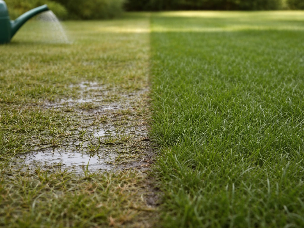 Pelouse divisée en deux : surface superficiellement arrosée brillante vs zone arrosée en profondeur plus sombre et humid