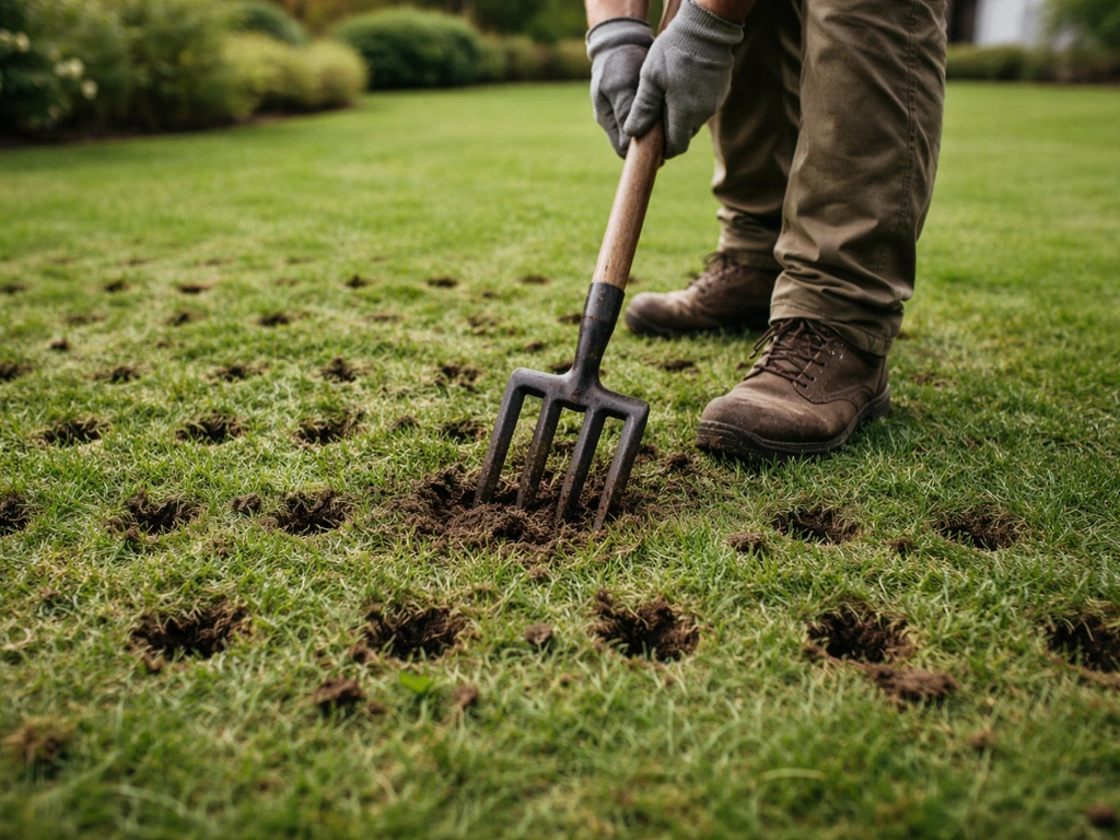 Jardinier anonyme utilisant une fourche-bêche pour aérer une pelouse, trous espacés visibles dans l’herbe.