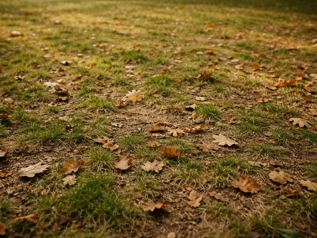 Pelouse d’automne avec léger feuillage au sol, lumière douce et ambiance de jardin calme.
