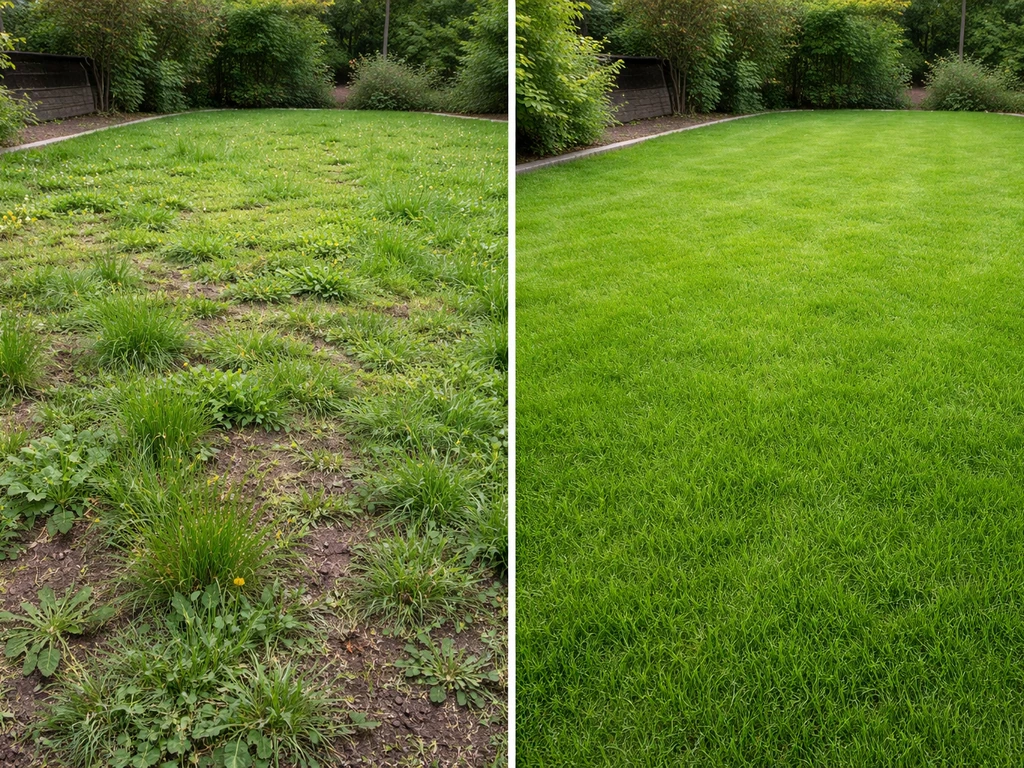Comparaison avant/après : pelouse envahie de mauvaises herbes à gauche, pelouse regarnie récente à droite.