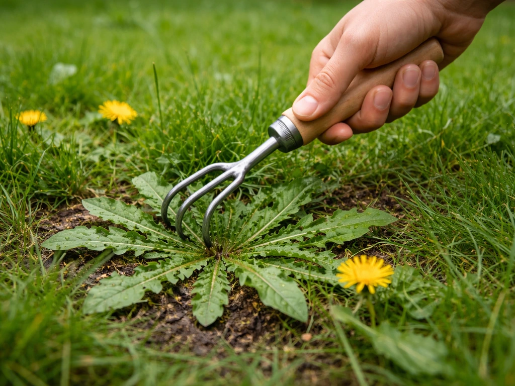 Main et outil de jardin près de rosettes de pissenlit dans une pelouse, vue rapprochée et naturelle