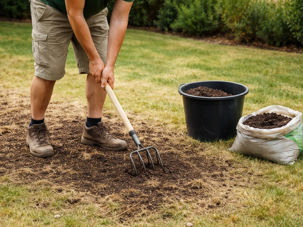 Sol de pelouse décompacté après scarification, amendements et terreau au sol, prêt pour la rénovation.