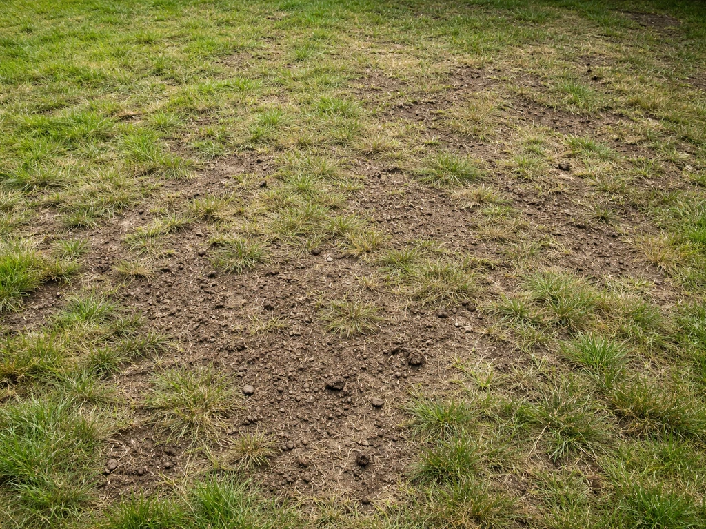 Pelouse clairsemée vue du dessus, zones à trous et sol ameubli prêt pour un sursemis.
