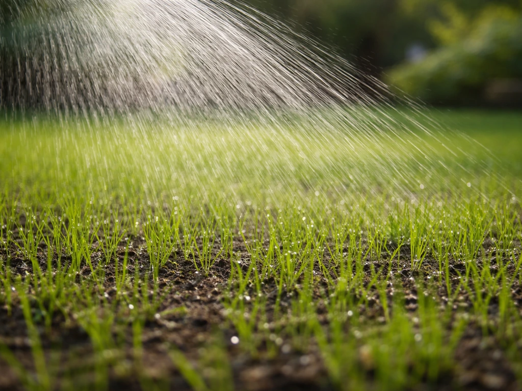 Jeunes pousses de gazon arrosées en pluie fine par un arroseur, sol humide en surface.