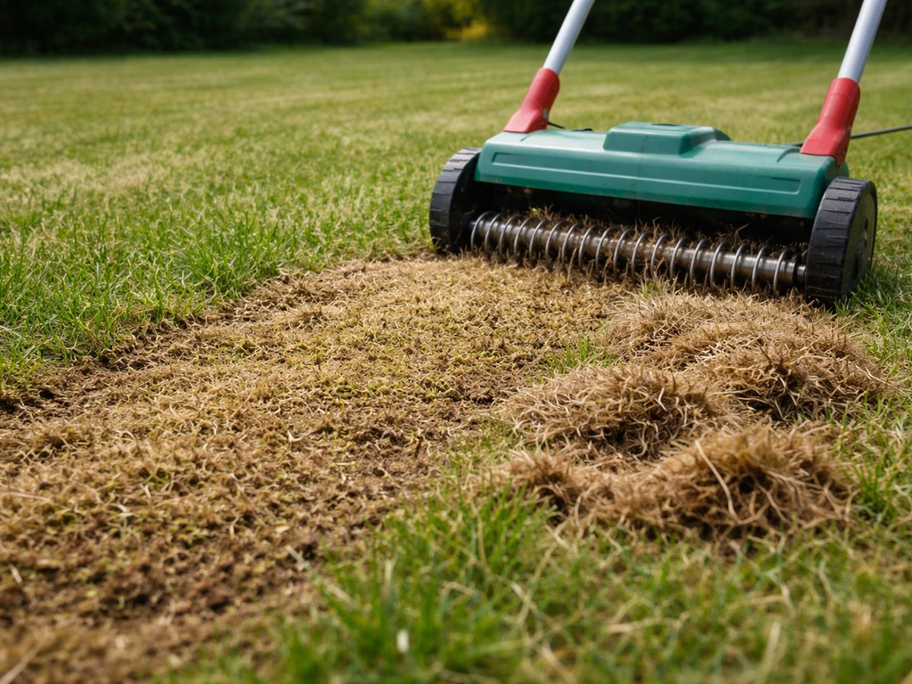 Scarification d’une pelouse : un racleur soulève le feutrage, avec débris bruns visibles à côté