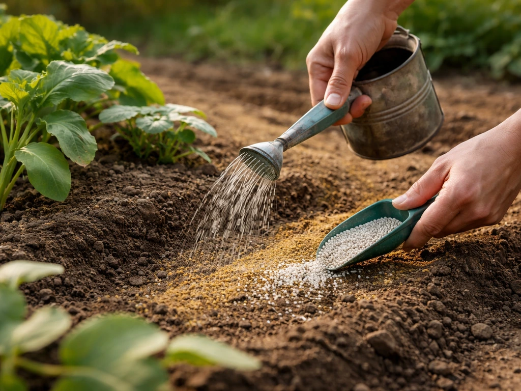 Arrosage et application localisée d’engrais sur une zone jaunie du jardin, potager préparé, vue réaliste.