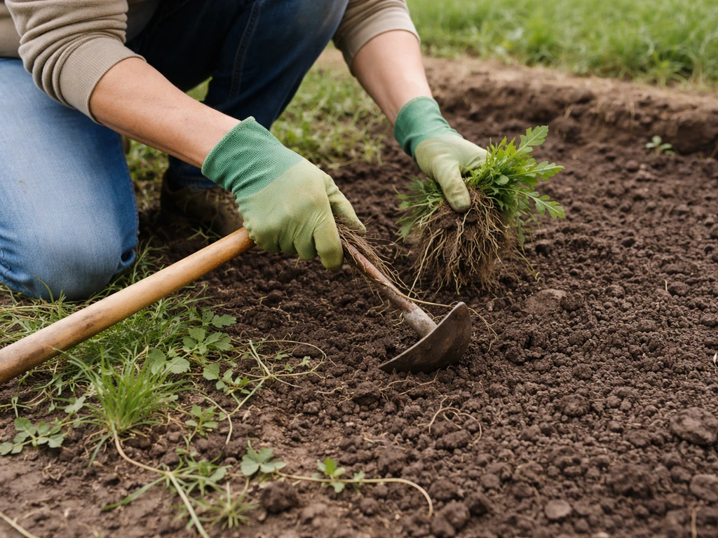 Personne qui désherbe au pied d’un carré de jardin, sol nu et prêt à être travaillé