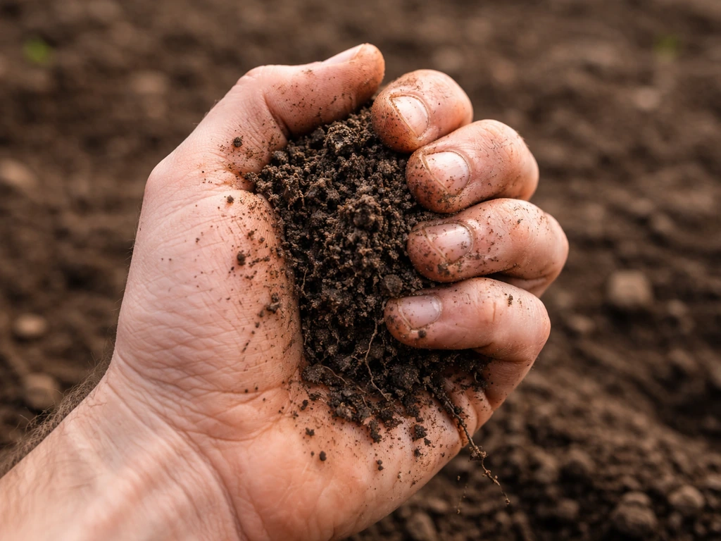 Main tenant une poignée de terre humide testée au poing, texture du sol en gros plan.