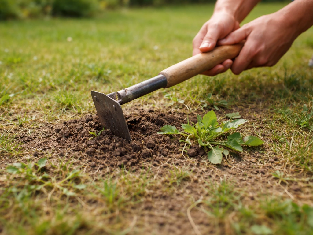 Main utilisant une binette pour retirer des mauvaises herbes sur un sol de pelouse, avant régénération.