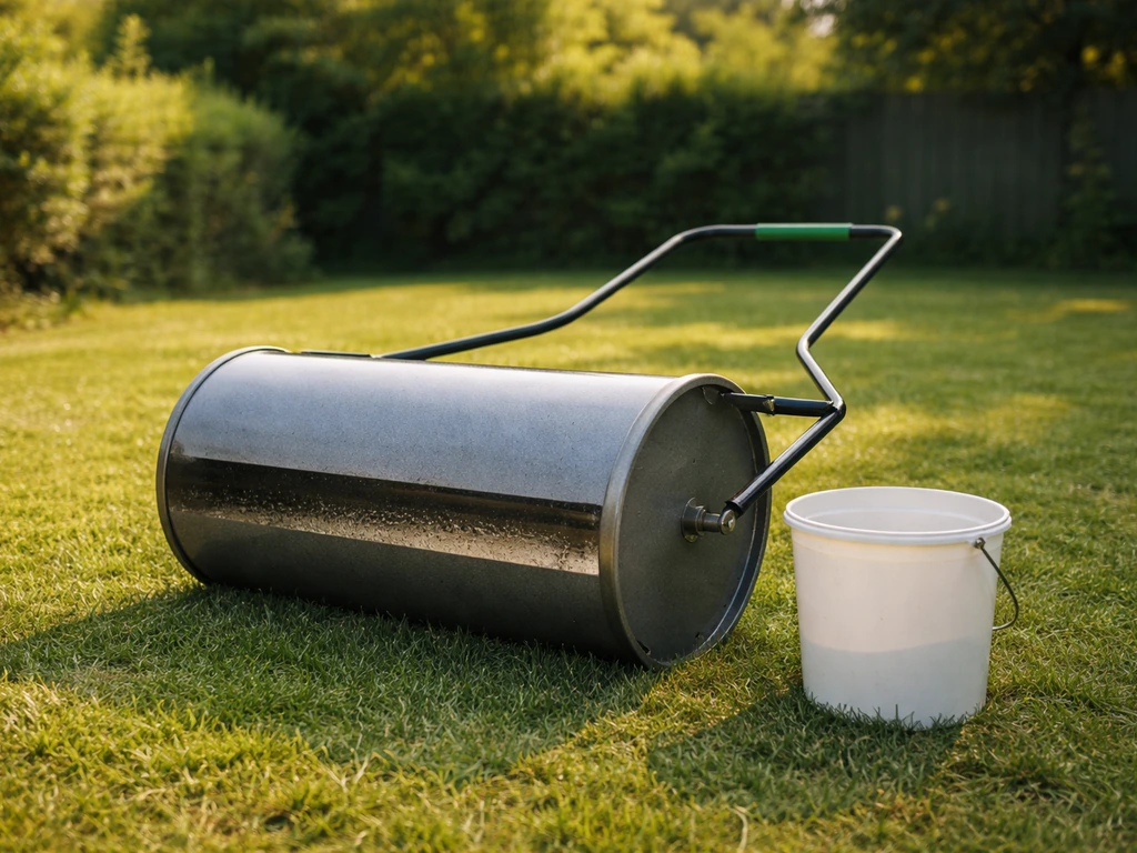 Rouleau à gazon prêt : rempli au quart, avec un repère visuel du niveau de remplissage, dans un jardin.