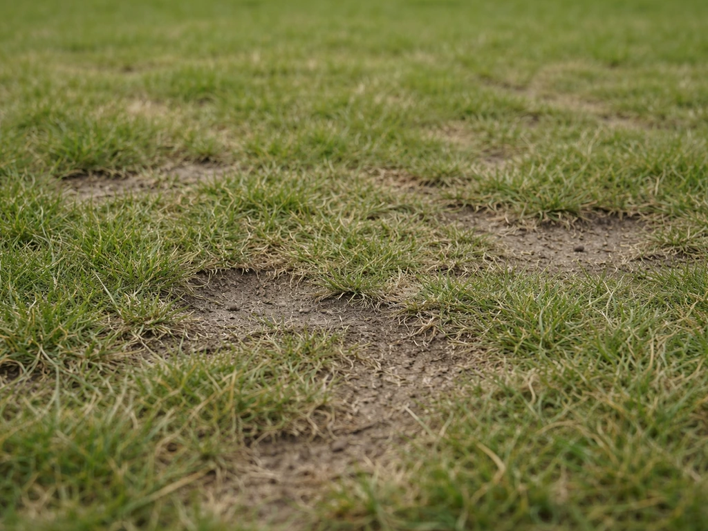 Vue rapprochée d’une pelouse avec herbe dense, zones clairsemées et traces d’usure.