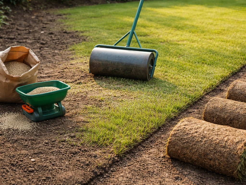 Jardin en rénovation : graines et épandeur, sursemis sur pelouse existante, et rouleaux de gazon déroulés.