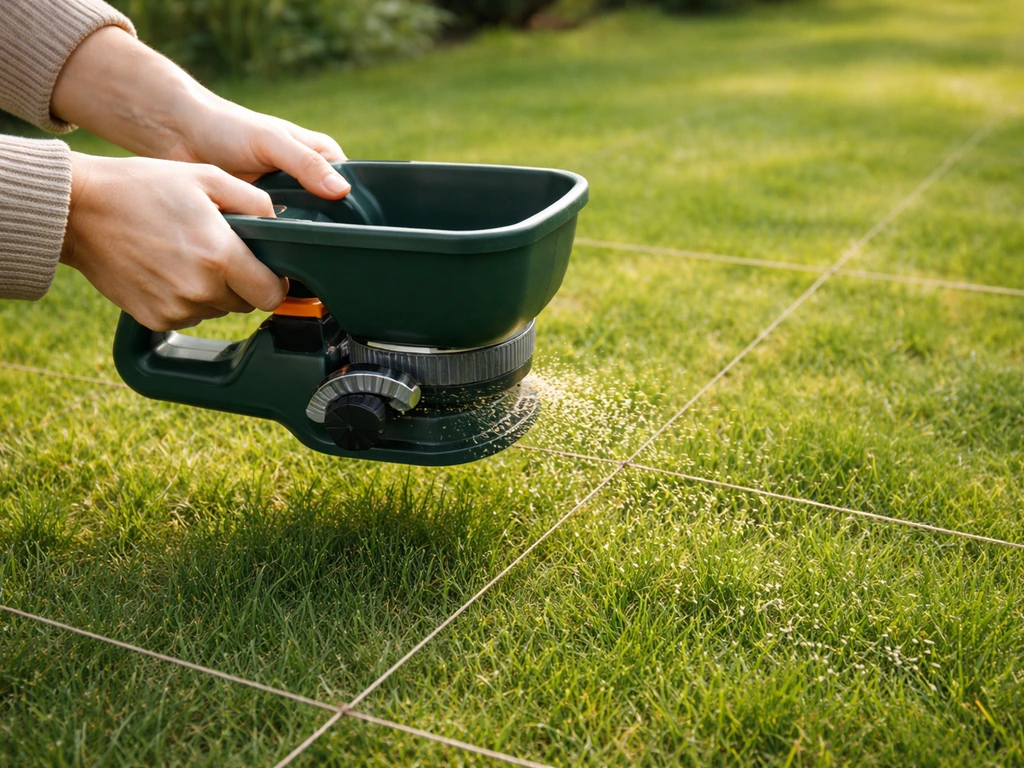 Mains utilisant un épandeur à main pour répandre des graines sur une pelouse avec un quadrillage discret au sol.