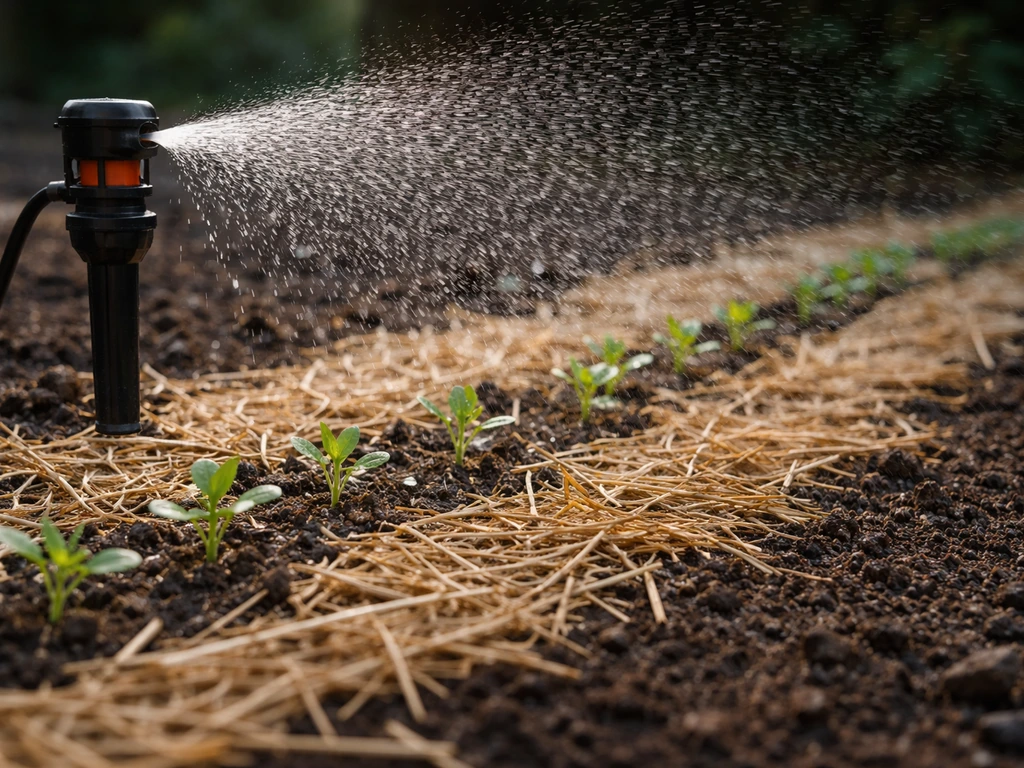 Arrosage fin sur jeunes plants, petites gouttes visibles sur le paillage