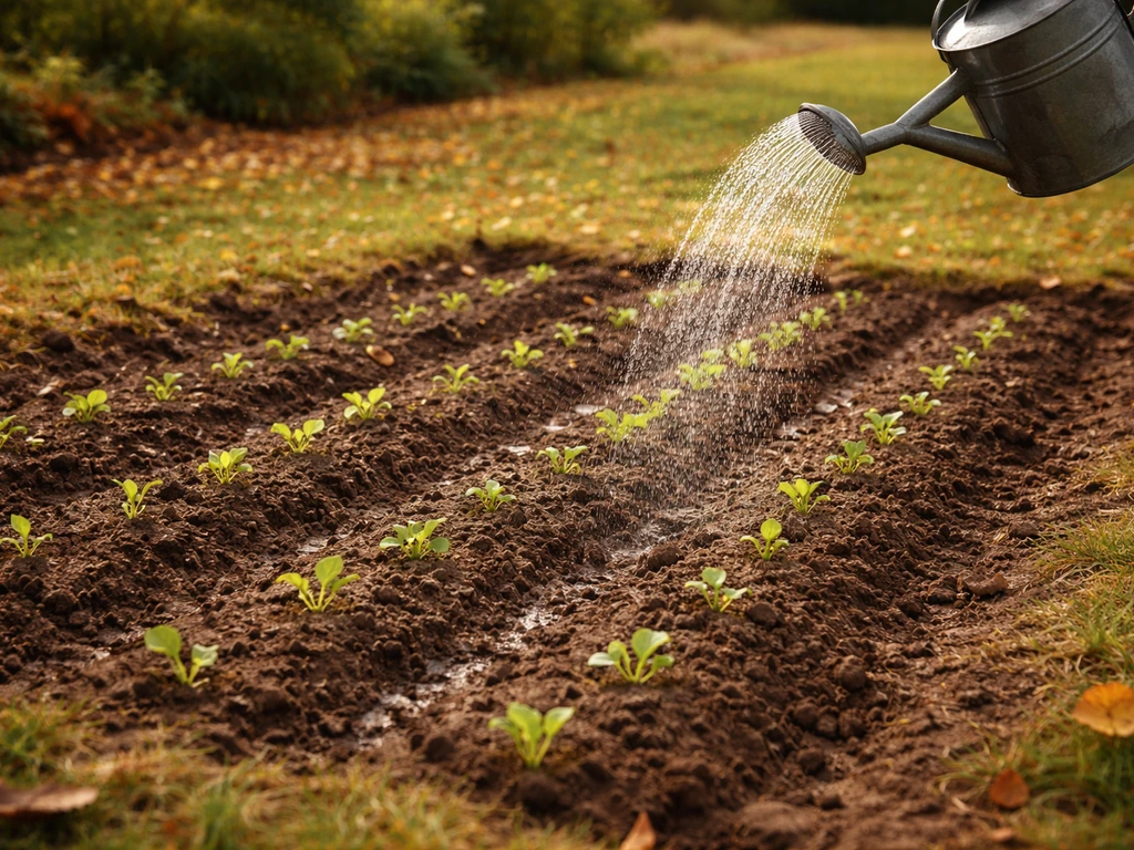 Semis d’automne en rangées dans un potager, arrosage doux et sol encore chaud, ambiance de jardin français.