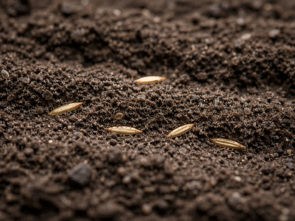 Gros plan de graines de graminées légèrement recouvertes et compactées au contact de la terre humide.