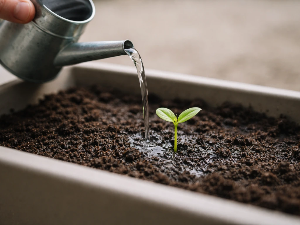 Jeune plante en terre humide, arrosoir versant doucement près de la surface fraîche