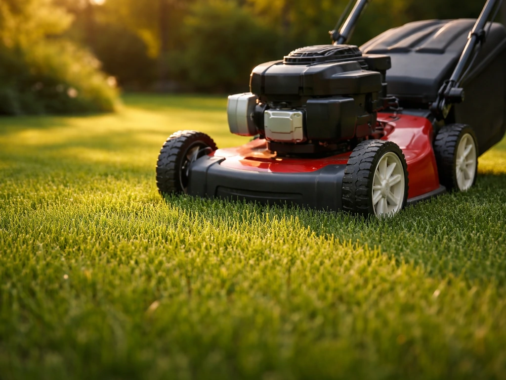 Tondeuse sur une pelouse, herbe coupée uniformément à environ 5–7 cm en fin de saison.