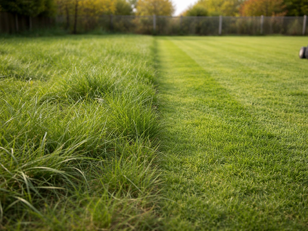 Pelouse avant/après sur la même parcelle, herbe trop haute à tondre progressivement avant l’hiver.