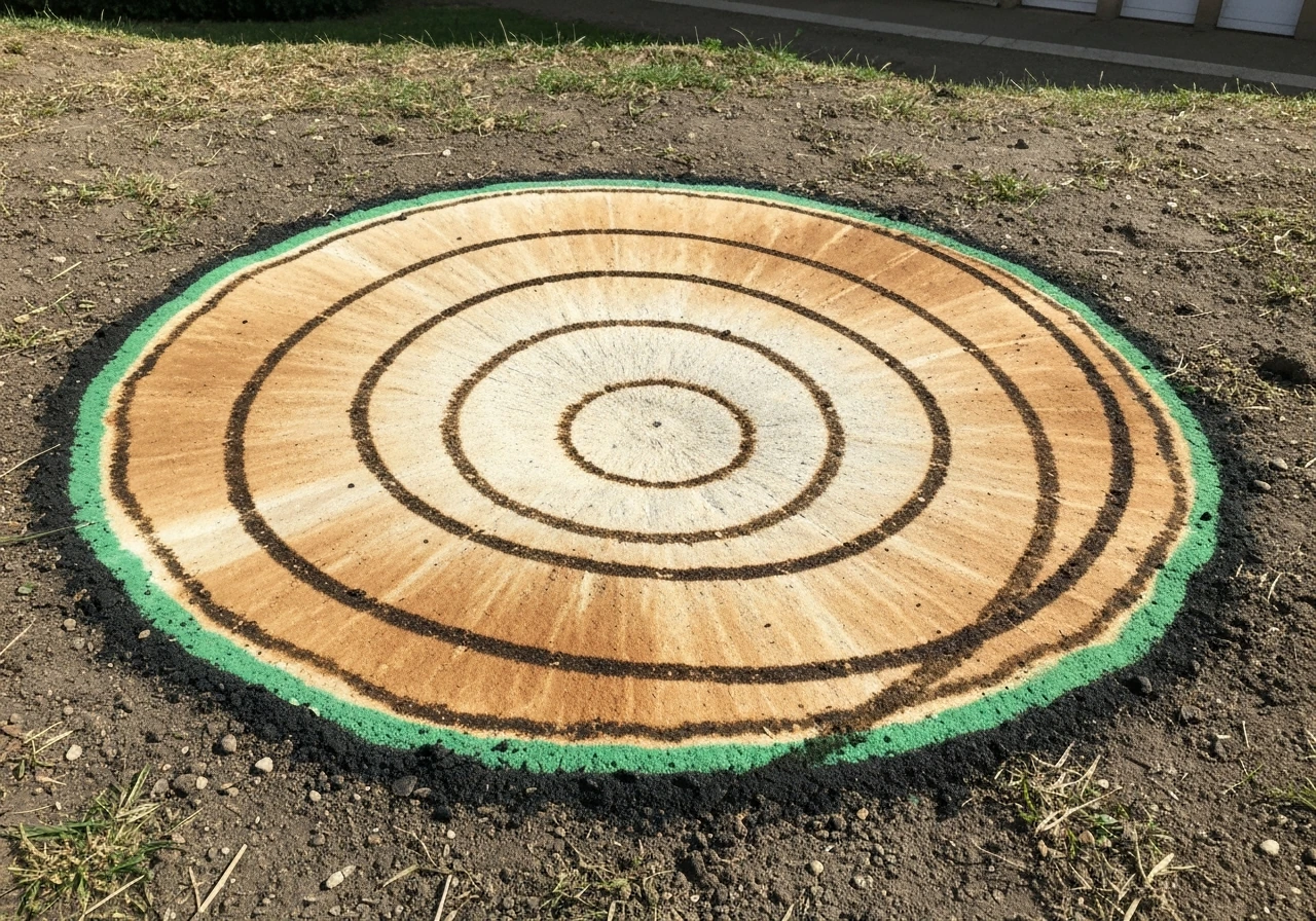 Gazon avec taches circulaires de brûlure, bord sombre et couronne vert foncé, indiquant une forte gravité