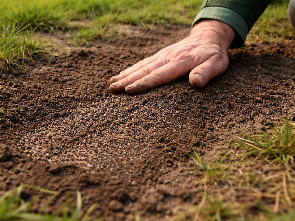 Mains d’un jardinier qui recouvrent et compactent un sursemis sur une petite pelouse brûlée griffée