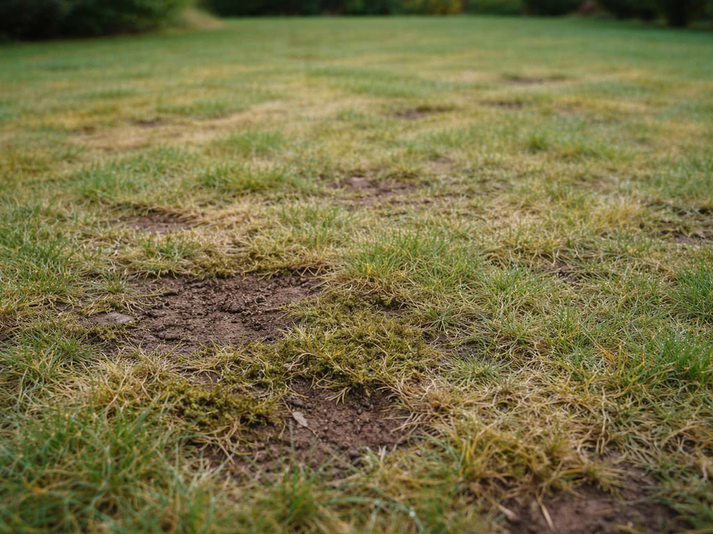Gazon abîmé avec zones mortes et mousse, vue rapprochée montrant le feutrage