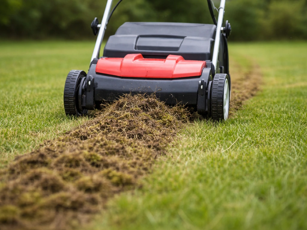 Scarificateur en action sur une pelouse, retirant feutre et mousse, débris sombres derrière la machine.