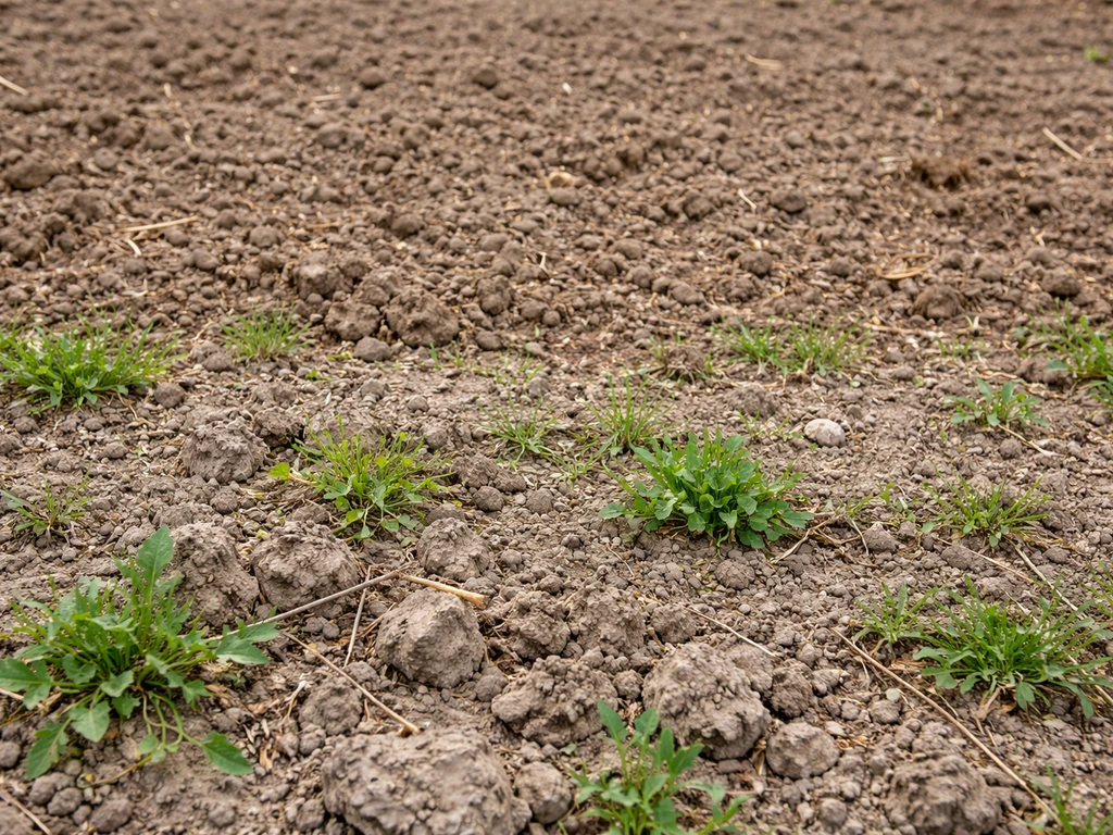 Sol compact avec mottes et mauvaises herbes au premier plan, zone voisine seulement superficiellement ameublie.