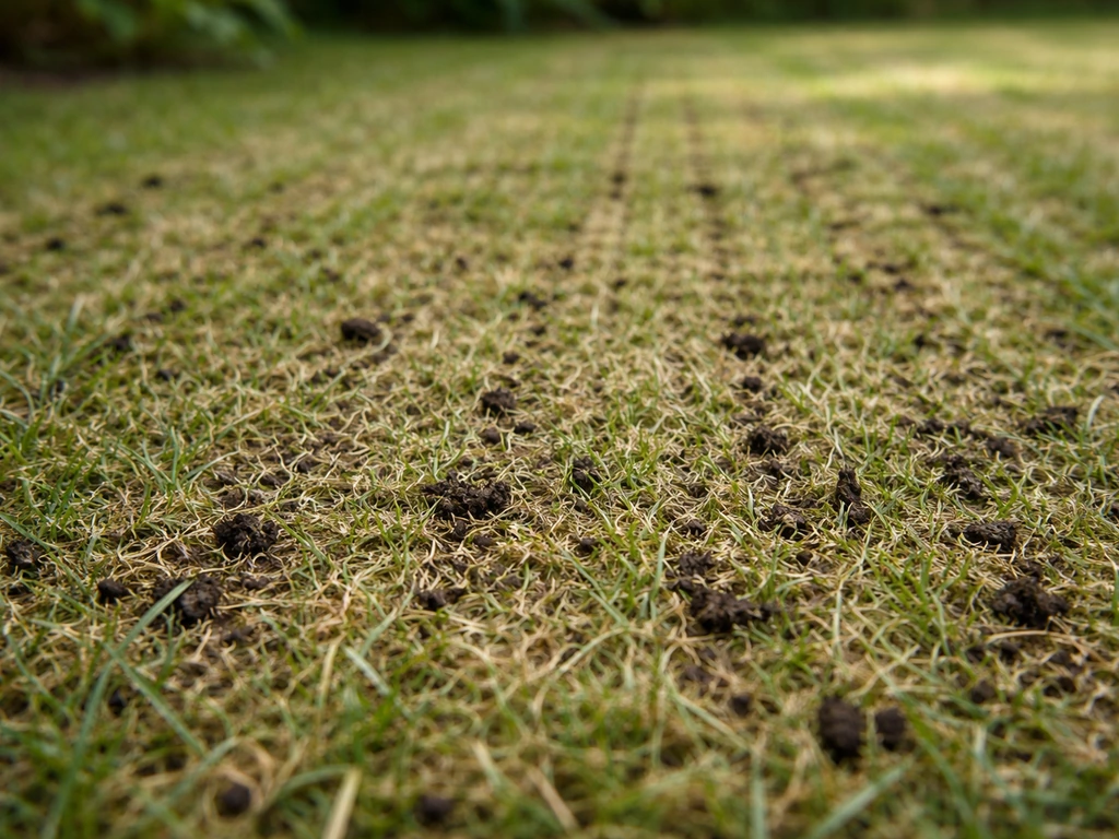 Petites traces de scarification de gazon sur une pelouse, profondeur légère avant recouvrement