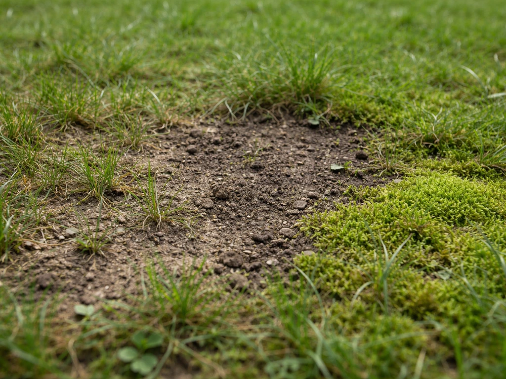 Gros plan d’une pelouse avec herbe clairsemée, zone nue et mousse visible à diagnostiquer.