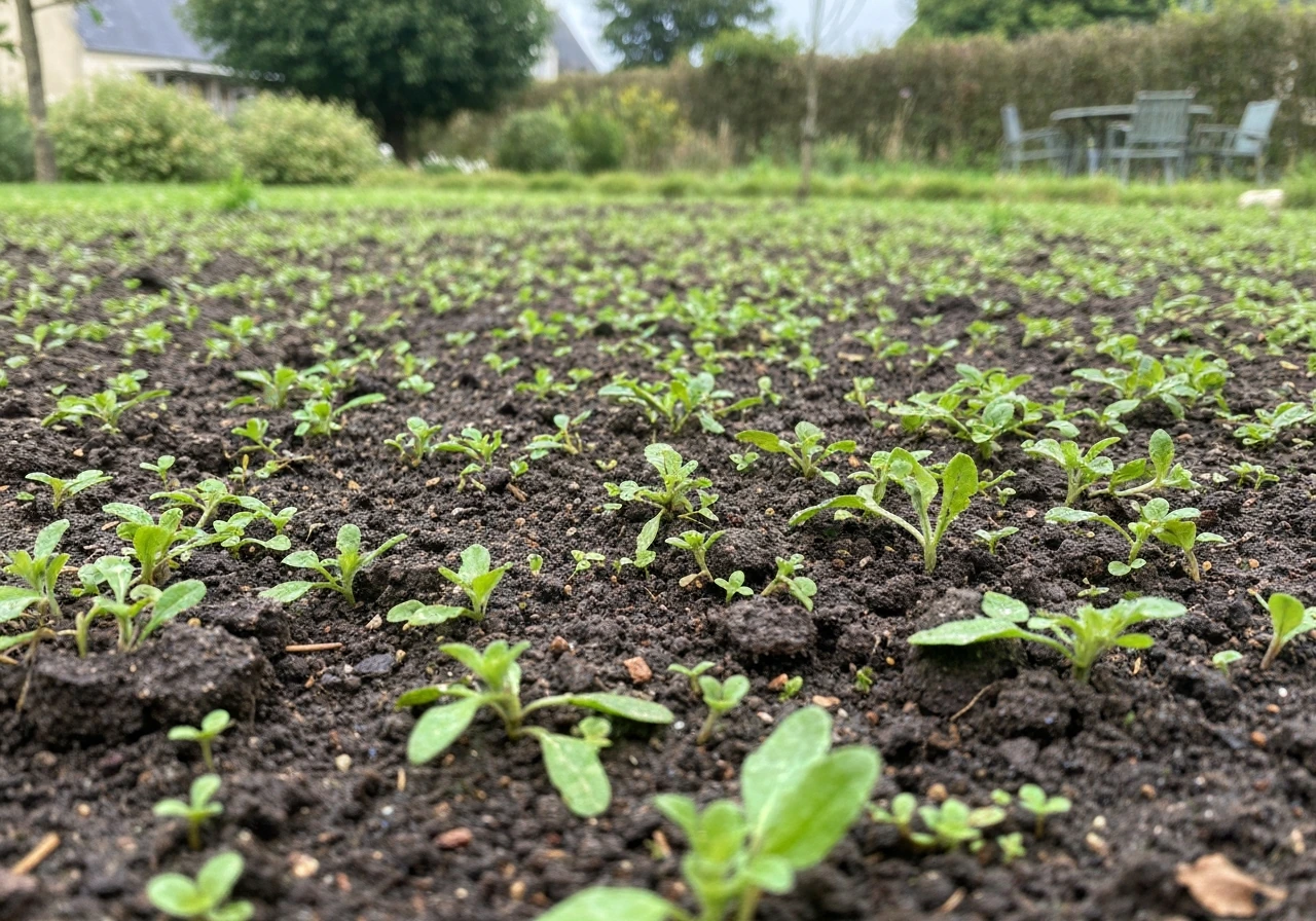 Pelouse avec mousse et feutrage visibles, sol légèrement humide mais pas détrempé, moment idéal avant scarification.