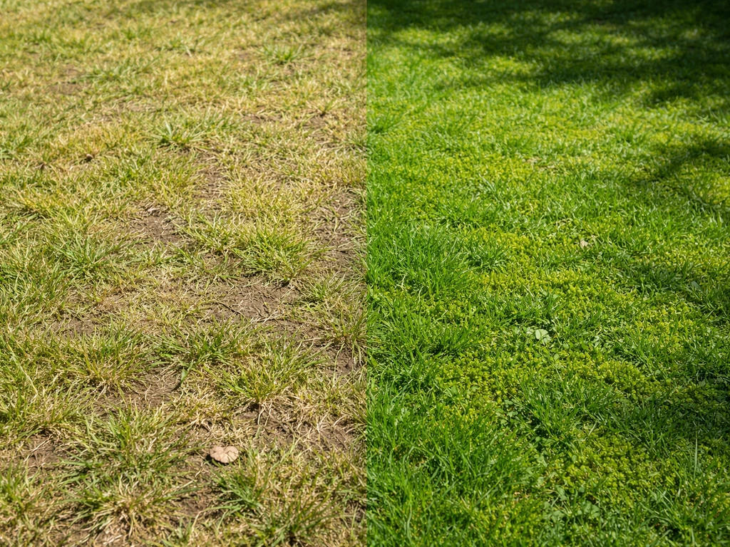 Pelouse côte à côte : mousse clairsemée au soleil et mousse dense à l’ombre, gazon très texturé.