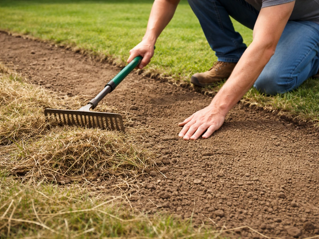 Jardin : un râteau à scarifier retire l’herbe morte et le sol est nivelé avant semis.