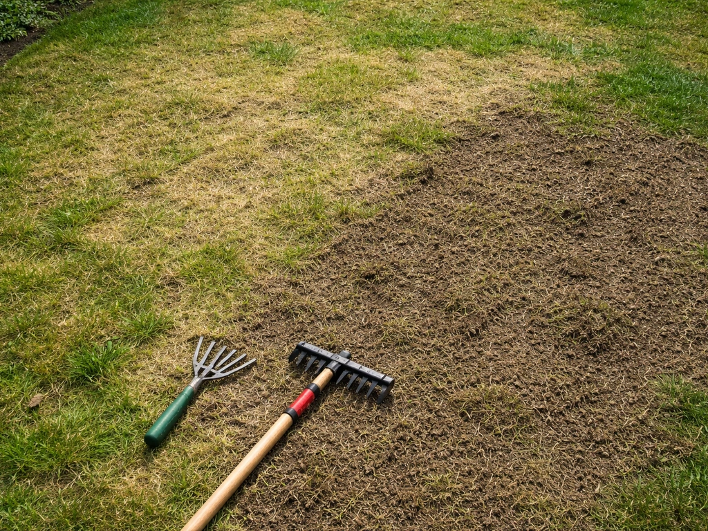 Pelouse abîmée vue d’en haut, traces de scarification visibles et outils posés pour démarrer la rénovation.