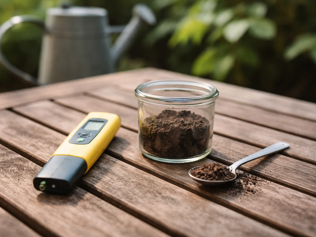 Kit de test du pH du sol avec terre en pot et testeur/bandelettes sur une table de jardin.