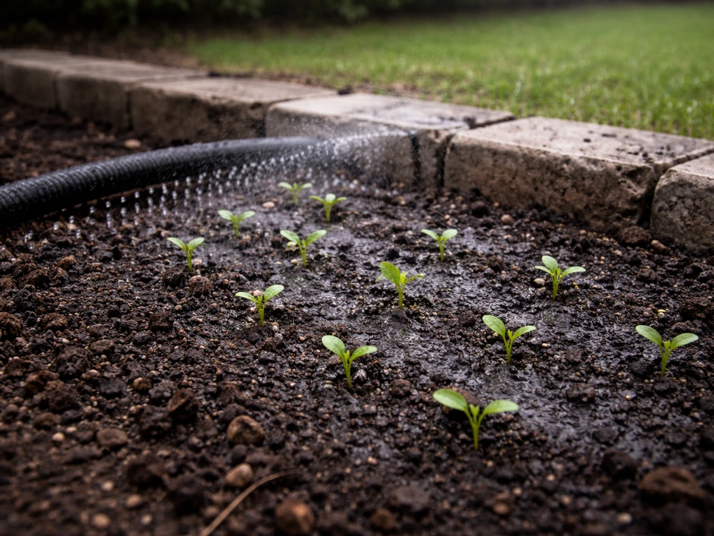 Semis fraîchement planté, sol humidifié au goutte-à-goutte dans un petit jardin après rénovation.