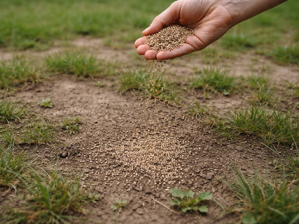 Main qui épand des graines sur une pelouse clairsemée après scarification, zones nues visibles.