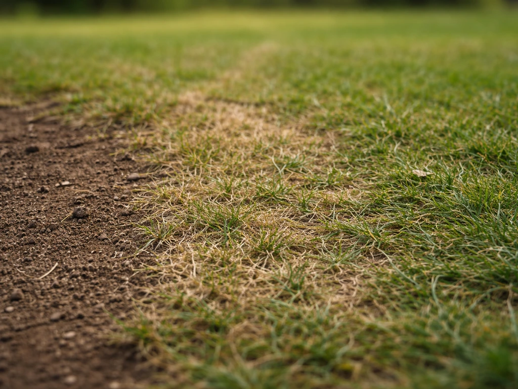 Gros plan de pelouse avec zone nue, herbe clairsemée et traces de piétinement.