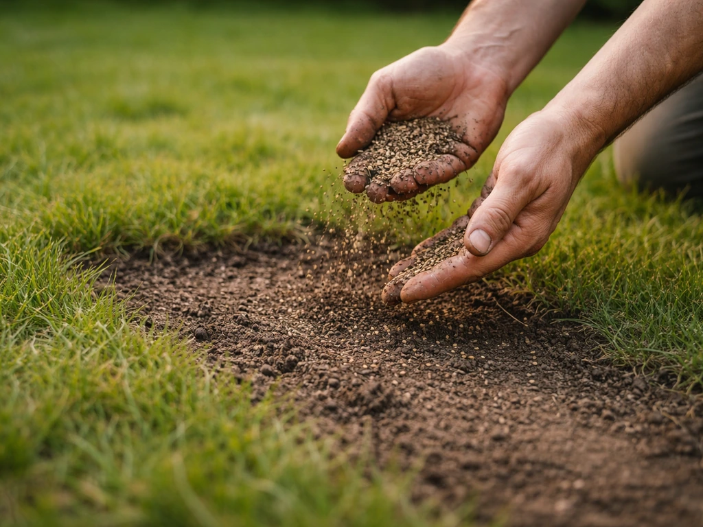 Main répandant des graines sur une bande clairsemée de pelouse, avec terreau fin visible près du sol